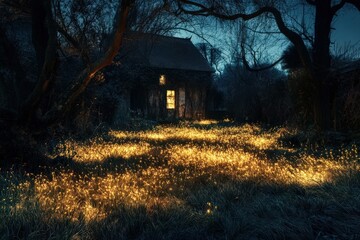 Wall Mural - Illuminated Cottage Nestled Amongst Glowing Night Field