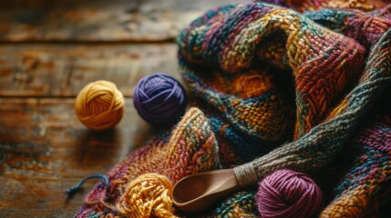 Poster - Knitting yarn and colorful wool balls on a wooden table during a cozy crafting session. Generative AI