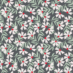 Seamless floral pattern, elegant ditsy print, abstract ornament with green blooming field in retro motif. Pretty botanical design: small hand drawn wild flowers, grass, leaves. Vector illustration.