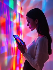 Aufkleber - Young woman using smartphone in colorful light display during evening hours in urban setting. Generative AI