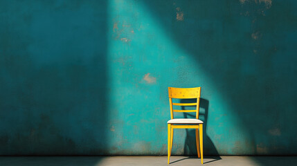 Poster - A vibrant yellow chair against a textured turquoise wall, illuminated by soft shadows and natural light.