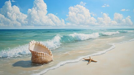 Tranquil beach scene with shell and starfish