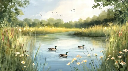 Poster - Tranquil lake surrounded by wildflowers and lush greenery with ducks swimming in the water during a sunny day. Generative AI