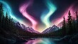 © Manchuporn - Stunning views of the Northern Lights over iconic Canadian landscapes like Banff or Yukon, featuring dreamy pastel neon streaks and soft, minimalistic cartoon-inspired accents