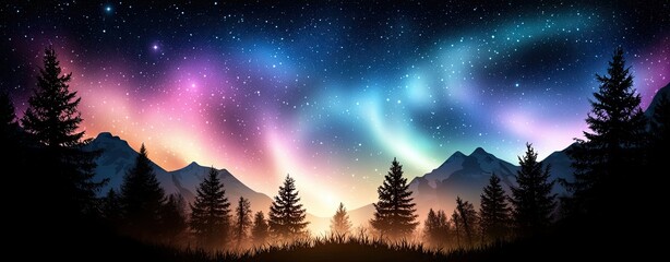 expansive night skies with northern lights glowing above dense canadian forests, featuring a soft bl