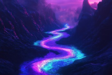 Canvas Print - Glowing River Flows Through Purple Mountains Valley