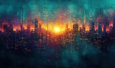Glowing cityscape, digital grid, sunset backdrop.