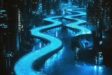 Canvas Print - Futuristic Cityscape Illuminated Waterway Bridge