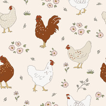 Chicken hand drawn clipart, seamless pattern with chicken birds, cottagecore country life style repeating vector background
