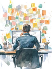 Wall Mural - A watercolor illustration of a product manager working at a desk, surrounded by sticky notes filled with ideas and concepts. The image symbolizes the creative process, organization, brainstorming, an