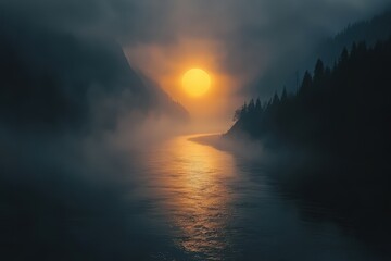 Canvas Print - Misty River Canyon Sunset Golden Hour Landscape