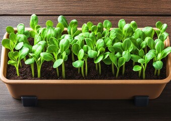 Fresh green seedlings grow in a brown planter, showcasing healthy plant life and sustainable gardening practices.