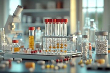 Aufkleber - Laboratory setup with test tubes, pills, and scientific equipment arranged on a workbench. Generative AI