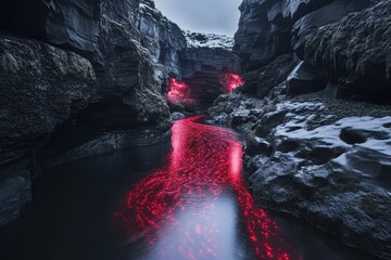 Canvas Print - Red light illuminates a dark snowy canyon river