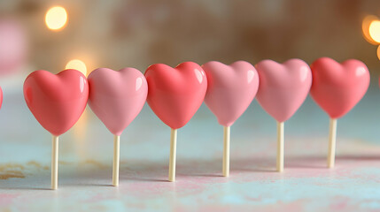 Wall Mural - A close-up of heart-shaped cake pops placed in a row on a pastel-colored table with soft, ambient lighting creating a romantic vibe