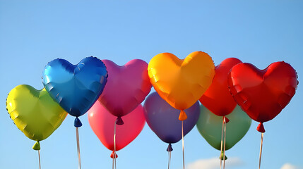 Wall Mural - A collection of vibrant heart-shaped balloons floating against a clear blue sky, symbolizing celebration and love, captured with sharp focus