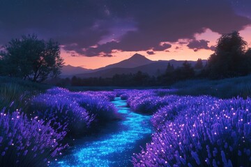 Canvas Print - Glowing River Flows Through Lavender Fields Under Starry Night Sky