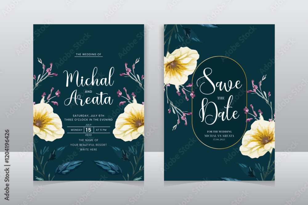 gold watercolor wedding invitation card template set with golden floral ...