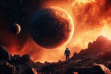 Wall Mural - an astronaut standing on an alien planet. the background is filled with fiery red and orange hues of