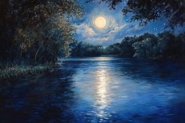 Poster - Tranquil Night Scene River Moonlit Forest Landscape