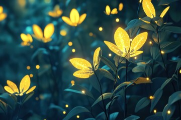 Canvas Print - Glowing Yellow Flowers Illuminate Dark Teal Night