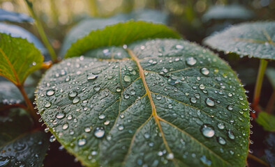 Poster - A leaf is covered in raindrops, giving it a fresh and vibrant appearance. The droplets on the leaf reflect the sunlight, creating a beautiful and serene atmosphere