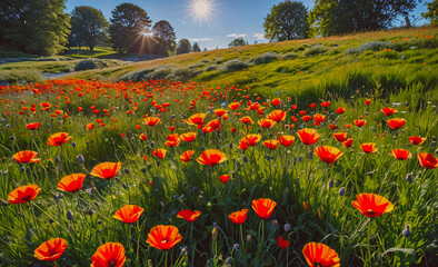 Poster - A field of red flowers with the sun shining on them. The sun is in the background and the flowers are in the foreground