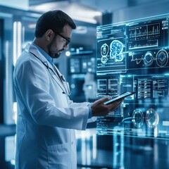 Fototapete - Healthcare professional analyzes digital data in a modern medical research facility during daytime. Generative AI