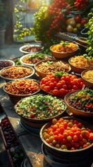 Canvas Print - There are many bowls of food on a table with tomatoes, food background, vertical background