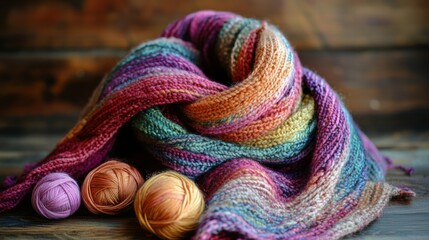 Poster - Colorful knitted scarf and yarn balls displayed on a wooden surface in warm indoor setting. Generative AI