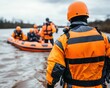 © Noppakun - A group of rescue workers in orange gear prepares to board a boat on a waterway, highlighting teamwork and safety in a challenging environment.