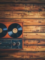 Aufkleber - Vintage record player on wooden wall creating a nostalgic atmosphere in a cozy interior setting. Generative AI