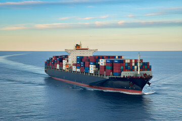 Wall Mural - Large container ship carrying goods across the ocean at sunset