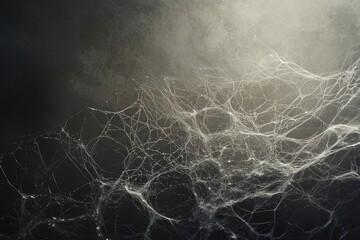 Intricate spiderweb glistening with morning dew, dark background.