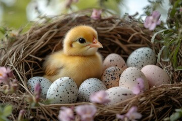 Wall Mural - Small yellow chick resting on quail eggs in bird nest