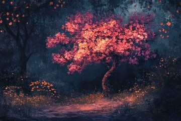 Canvas Print - Enchanting Pink Blossomed Tree In A Dark Forest