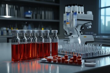 Aufkleber - Laboratory setup with vials and microscope for scientific research in a modern setting. Generative AI