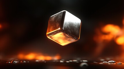 Sticker - floating metallic cube in air against black background with glowing effects