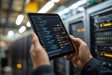 Wall Mural - it engineer holding tablet and monitoring server status in data center