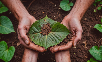 Poster - Two people holding a leaf in their hands. The leaf is green and he is a plant. Concept of nurturing and care for the plant