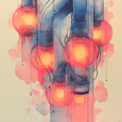 Poster - Abstract art; glowing bulbs, watercolor style.