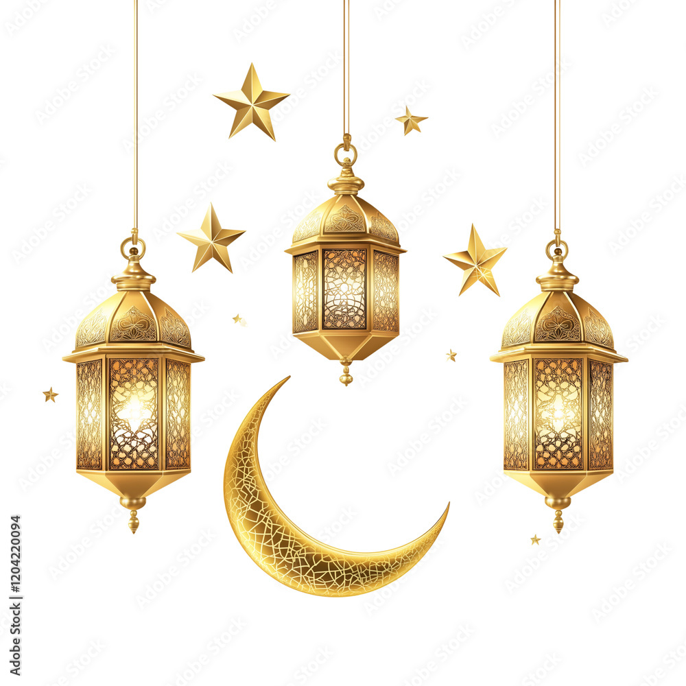 - Golden Ramadan lanterns and crescent moon with stars hanging on a ...