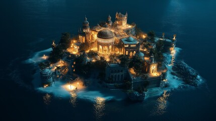Wall Mural - mysterious illuminated castle reflects in waters near a rocky shore at dusk in a serene landscape