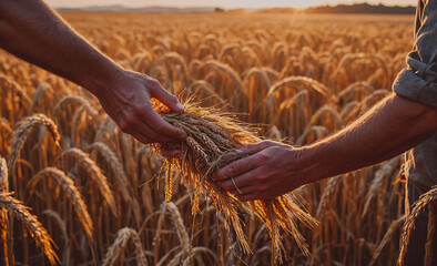 Poster - Two people are holding a bunch of wheat in a field. The wheat is golden and the field is full of it