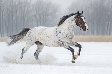 Wall Mural - knabstrupper horse running through a snowy field