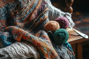 Poster - Cozy knit blanket draped over a chair with colorful yarn balls resting on a wooden surface. Generative AI