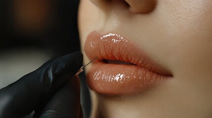 Wall Mural - A close-up photograph of a woman's lips being injected with something by a gloved hand.