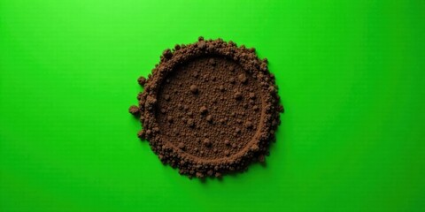 A circular arrangement of dark brown granular material on a vibrant green backdrop