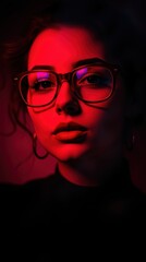 Wall Mural - Woman wearing glasses, illuminated by red light. Dramatic portrait with a moody atmosphere.  Perfect for fashion, beauty, or mystery themes.