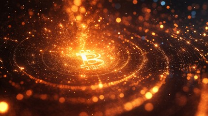 Bitcoin Symbol in a Glowing Orange Circle with Sparkles.